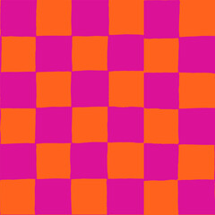 Wall Mural - seamless repeating pattern with hand drawn checkerboard in hot pink and white. Fuchsia pink checker with yellow squares. Trendy background, packaging, fabric, wallpaper, phone case design