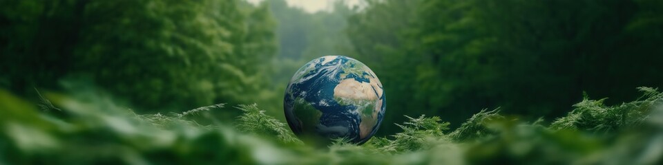 Poster - A small globe is sitting on a green field. Concept of harmony and balance between the earth and nature