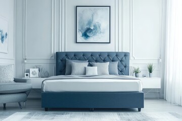 Wall Mural - Modern Dark Gray Fabric Bed with Under-Bed Storage in a Scandinavian-Style Bedroom. White Walls Highlight the Minimalist Elegance and Comfort.