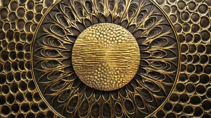 Wall Mural - decorative wall poster canvas painting with 3d pattern circle on gold and black background. metal ar