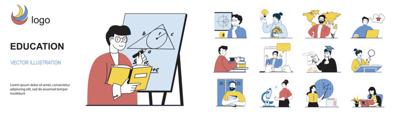 Fototapete - Education concept with character situations mega set in flat web design. Bundle of scenes people learning at online course, training at seminars, listening lessons with sciences. Vector illustrations.