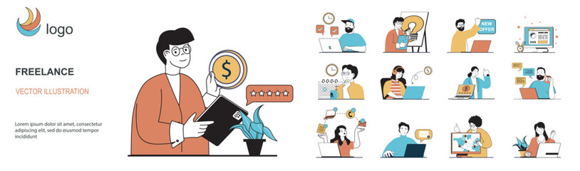 Poster - Freelance concept with character situations mega set in flat web design. Bundle of scenes people working online at home, doing tasks remotely and outsource, earning profit. Vector illustrations.