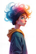 © Aleksei Solovev - A young, contemplative artist with vibrant, multi-colored hair, wearing a hoodie and headphones, illustrated in a whimsical, digital art style.
