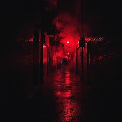 Wall Mural - a dimly lit alleyway at night, with thick red neon smoke swirling from both sides, casting an eerie 