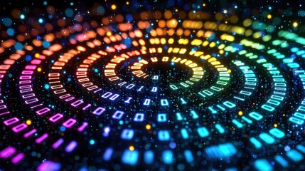 abstract colorful binary code data stream swirling in a vibrant digital galaxy technology background