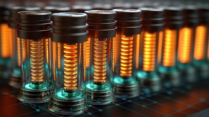 Futuristic Energy Core Array of Glowing Cylindrical Power Cells