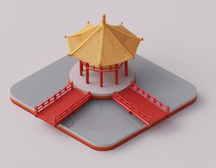 3D isometric miniature pagoda with two red bridges leading to it