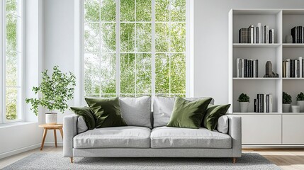 Wall Mural - Modern living room interior with a grey sofa and white bookcase near a window. Scandinavian home design in light gray color, with green accents, in a minimalistic style, with empty space for text. 