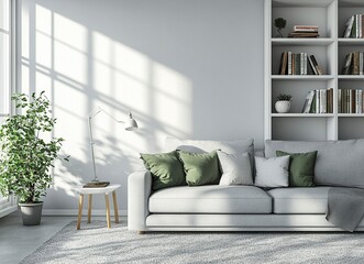 Wall Mural - Modern living room interior with a grey sofa and white bookcase near a window. Scandinavian home design in light gray color, with green accents, in a minimalistic style, with empty space for text. 