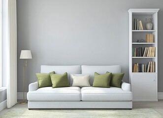 Wall Mural - Modern living room interior with a grey sofa and white bookcase near a window. Scandinavian home design in light gray color, with green accents, in a minimalistic style, with empty space for text. 