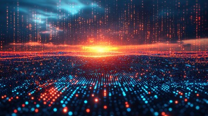 Abstract Digital Landscape Sunset Glow Red Blue Light Particles Data Flow