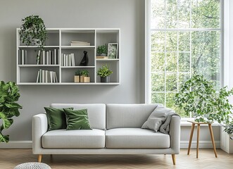 Wall Mural - Modern living room interior with a grey sofa and white bookcase near a window. Scandinavian home design in light gray color, with green accents, in a minimalistic style, with empty space for text. 