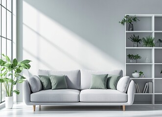 Wall Mural - Modern living room interior with a grey sofa and white bookcase against a window, green pillows on a light gray carpet floor in a minimalist home design. Scandinavian style. Stock photo. High detail, 