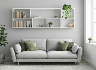 Wall Mural - Modern living room interior with a grey sofa and white bookcase against a window, green pillows on a light gray carpet floor in a minimalist home design. Scandinavian style. Stock photo. High detail, 