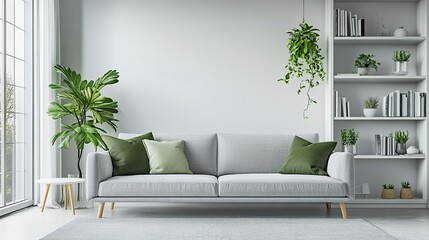 Wall Mural - Modern living room interior with a grey sofa and white bookcase against a window, green pillows on a light gray carpet floor in a minimalist home design. Scandinavian style. Stock photo. High detail, 