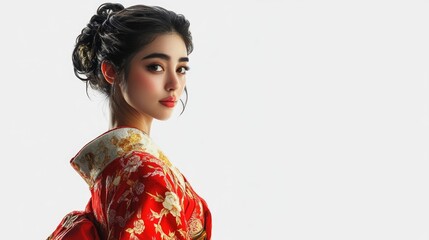 Wall Mural - Portrait of elegant young Japanese woman in vibrant red kimono adorned with floral patterns against a bright white background, showcasing traditional cultural heritage.