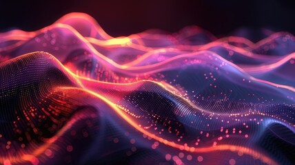 Abstract picture of neon light particle with digital technology style design connecting become dynamic of electric wave movement represent about flowing of data or structure of network system. AIG53.
