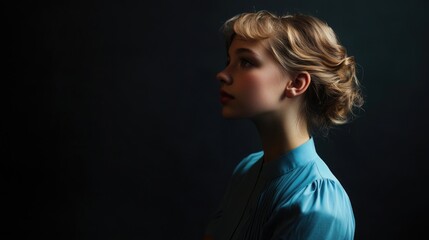 Studio portrait of a teenage girl with blond hair wearing an elegant blue dress against a dark backdrop, showcasing soft lighting and a serene expression.