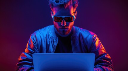 A young man wearing futuristic glasses and a jacket, illuminated by vibrant blue and purple neon lights while focused on a laptop screen in a cyber security setting.