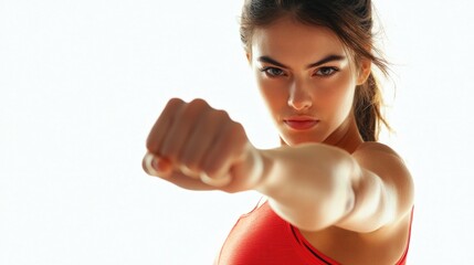 Confident young woman in red sportswear exercising with fist extended against a bright white background outdoors showcasing strength and determination