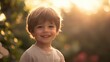 © The 2R Artificiality - Cheerful young boy smiling joyfully in a sunlit garden during family walk with mother capturing childhood happiness and family bonding.