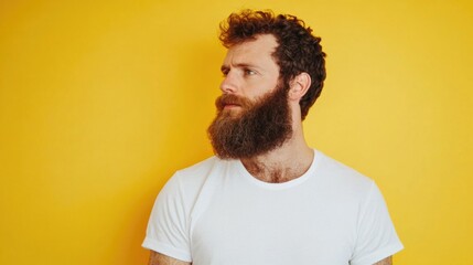 Bearded man wearing a white T-shirt poses thoughtfully against a vibrant yellow background showcasing stylish grooming and confidence.