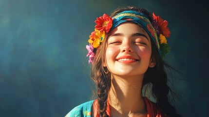 Wall Mural - Happy young woman with colorful floral headband smiling joyfully against a soft blue background, showcasing vibrant culture and joy.