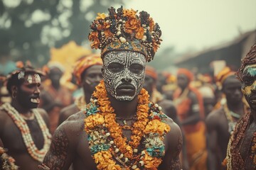 Wall Mural - Adorned in vibrant headdress and body paint, a person participates in a cultural celebration.