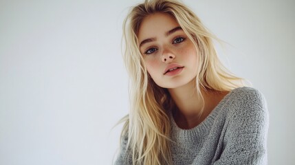 Wall Mural - Studio portrait of a young adult woman with long blonde hair wearing a cozy gray sweater on a white background expressing emotions during conversation