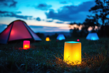camping tents with lighting decoration at night