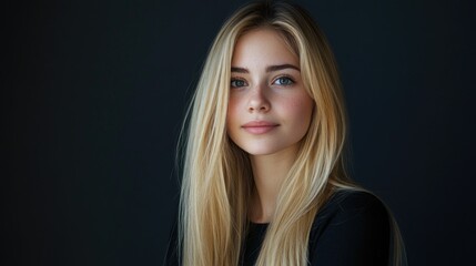 Sticker - Young blonde woman with long straight hair smiling gently against a dark background conveying beauty and confidence in a portrait setting.