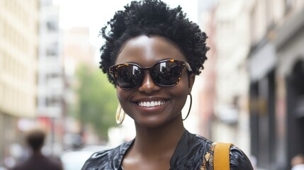 Canvas Print - Smiling Black woman wearing stylish sunglasses in urban street setting, sunny day, vibrant city backdrop, casual fashion, joyful expression.