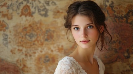 Sticker - Young woman with long brown hair and blue eyes, wearing a white lace dress, posed gracefully against a floral patterned background.