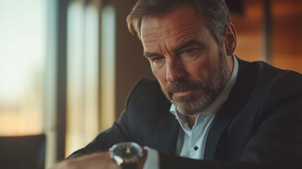 Professional middle-aged businessman in dark suit checking silver watch in modern office with warm lighting and wooden elements, focused expression.