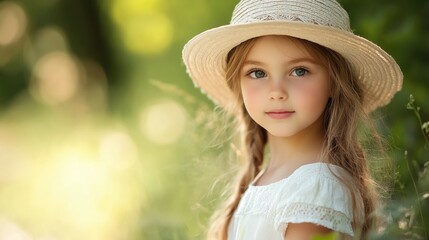 Wall Mural - Radiant young girl with long hair wearing a straw hat and white dress standing amidst vibrant green foliage in a sunlit summer forest.