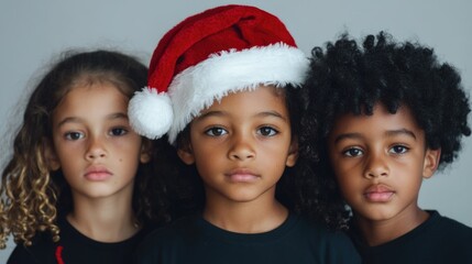 Wall Mural - Three children with diverse hair textures posing in a studio, featuring one child wearing a festive red Santa hat against a neutral background.