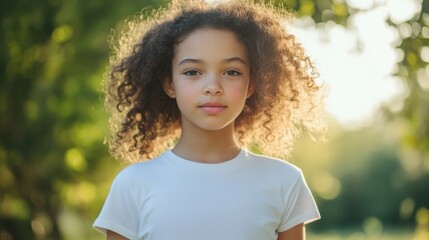 Wall Mural - young girl with curly hair wearing a white t-shirt standing outdoors in soft natural sunlight surrounded by greenery during golden hour