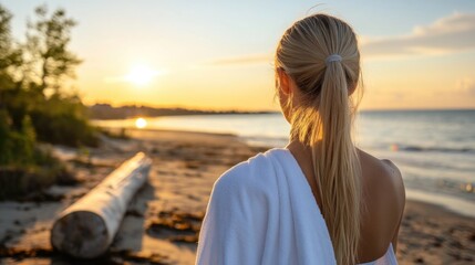 Sticker - Pretty blond woman walking on sandy beach during sunset with wet white towel on shoulders looking towards horizon over calm waters in serene landscape