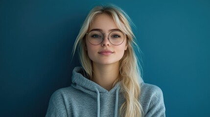 Sticker - Smiling young adult blonde woman wearing gray hoodie and glasses posing confidently against soft teal background in professional studio environment.