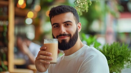 Wall Mural - Handsome young Arab man enjoying a smoothie in a vibrant cafe surrounded by greenery, promoting healthy lifestyle and nutritional choices