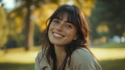 Wall Mural - Brunette woman with soft waves smiling brightly in sunlit green park setting during autumn showcasing happiness and tranquility.