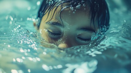 Canvas Print - Serene close-up of a young child with closed eyes submerged in clear turquoise water, showcasing tranquility and innocence in aquatic environment.