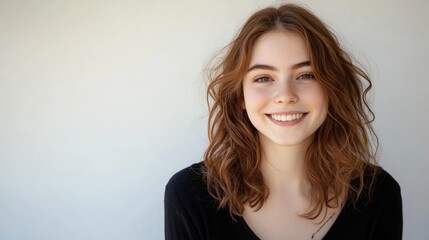 Canvas Print - natural portrait of smiling young woman with wavy brown hair wearing black top against light neutral background exuding joy and warmth