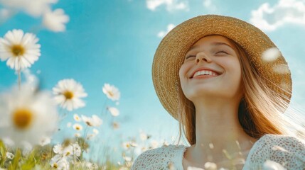 Wall Mural - Smiling young woman with long hair wearing a straw hat, enjoying a sunny day among white daisies in a vibrant green meadow under a blue sky.