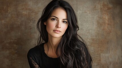 Wall Mural - Professional studio portrait of a young woman with long dark hair, soft features, and a serene expression against a textured brown backdrop.