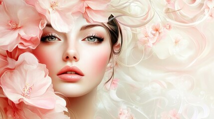 Wall Mural - Portrait of a serene young woman surrounded by delicate pink flowers with soft, flowing hair against a dreamy light cream background.