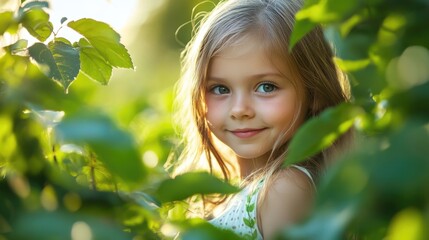 Wall Mural - Young girl with long blonde hair smiling among lush green foliage in a sunlit garden, soft natural light creating a serene atmosphere.