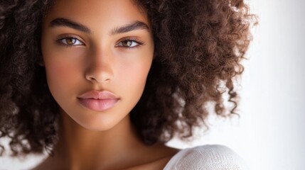 Wall Mural - Young Female Model with Curly Hair and Natural Makeup in Isolated Studio Setting with Soft Lighting and Neutral Background