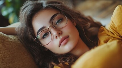 Canvas Print - Young woman with long wavy hair wearing glasses, relaxing on a cozy yellow sofa in a warm home interior, conveying a calm and serene atmosphere.