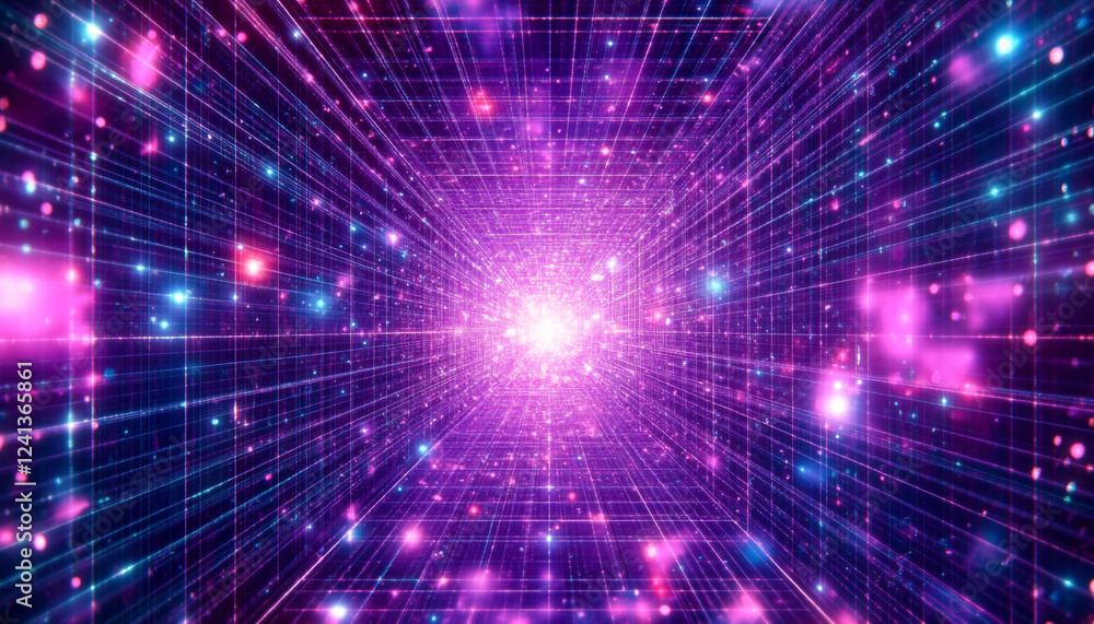 A vibrant, futuristic tunnel with glowing pink and blue lights creates ...